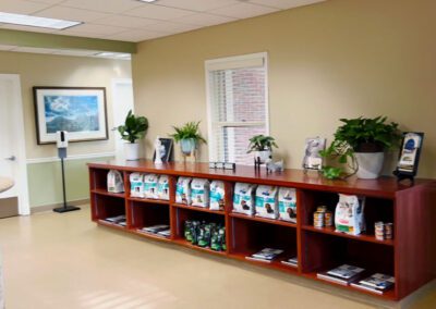 shelves with pet food in the lobby of a vet clinic